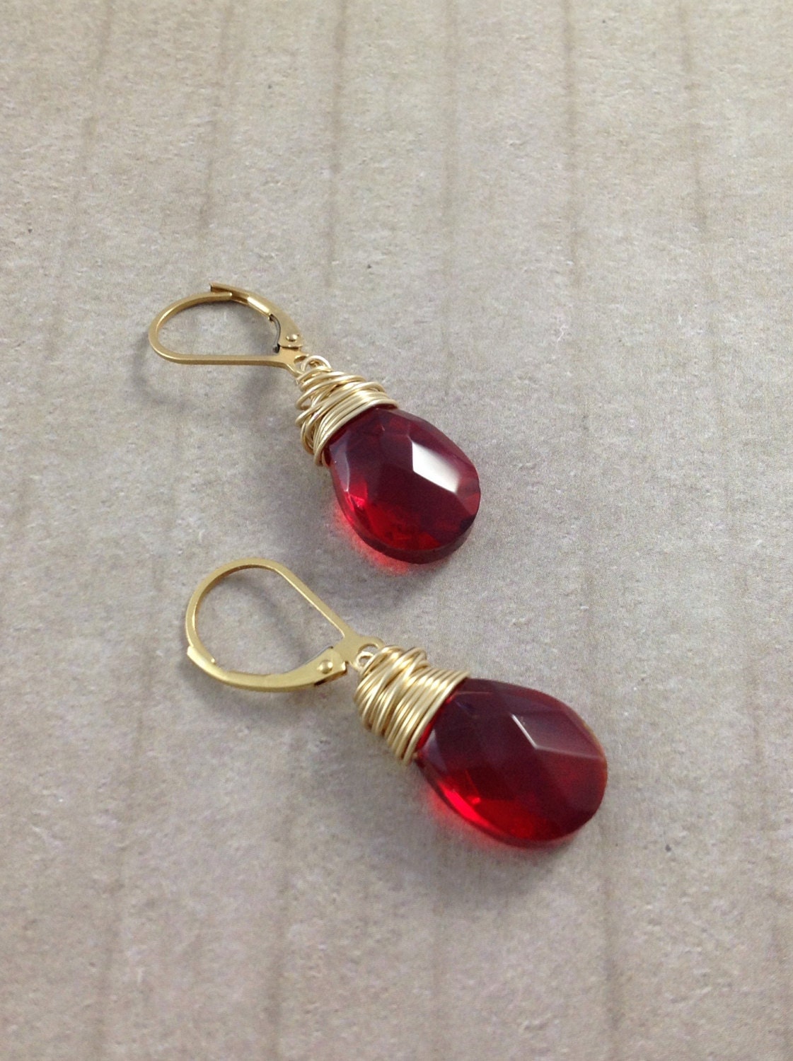 Ruby red teardrop earrings. 14 KT gold filled wire wrapped, gold filled leverback. Pretty handmade crimson faceted glass briolette earrings. - GemsByKelley