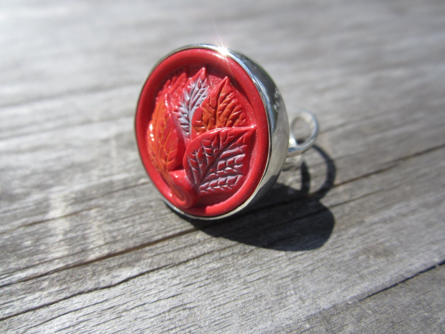 Eco Friendly Vintage Button Statement Ring Sterling Silver Hand Fabricated Bezel Set Adjustable One Of A Kind Red Orange Light Blue Leaves - MadMeadowMetals