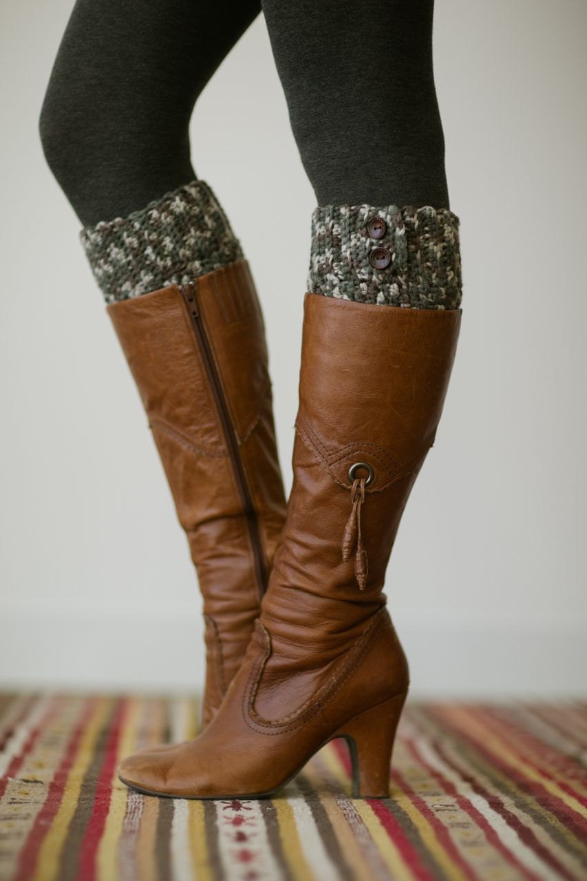 Knitted Boot Cuffs, Faux Leg Warmers, or Boot Toppers with Chunky Knit and Wooden Working Buttons for Women Teens in Multi-Color Gray BC-13