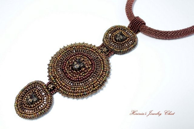 Bastet - Ancient Goddess, Bead Embroidered Necklace, Cat Necklace, Boho Necklace, Tribal Necklace, Brown Necklace, Beaded Statement Necklace - HeriniasJewelryChest