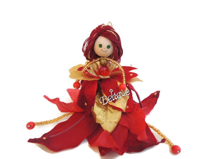 Fairy Ornament, Handmade Doll, Flower fairy Doll, Red Gold Ornament, Inspirational Gift, Gift for her , Believe Inspirational, Gift under 30 - amezarcreations