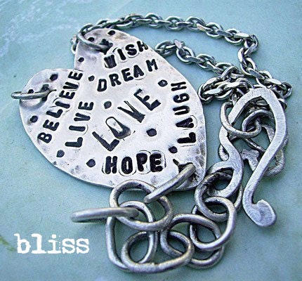 BLISS. Hand-Stamped Sterling Silver chunky Heart Bracelet, forged links, hammered, Oxidized, modern rustic, personalized, stamped jewelry - deborahmcgovern BLISS. Hand-Stamped Sterling Silver chunky Heart Bracelet, forged links, hammered, Oxidized, modern rustic, personalized, stamped jewelry - deborahmcgovern