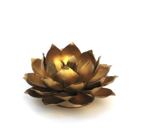 Gold Lotus Candle Holder Hollywood Regency Metal by