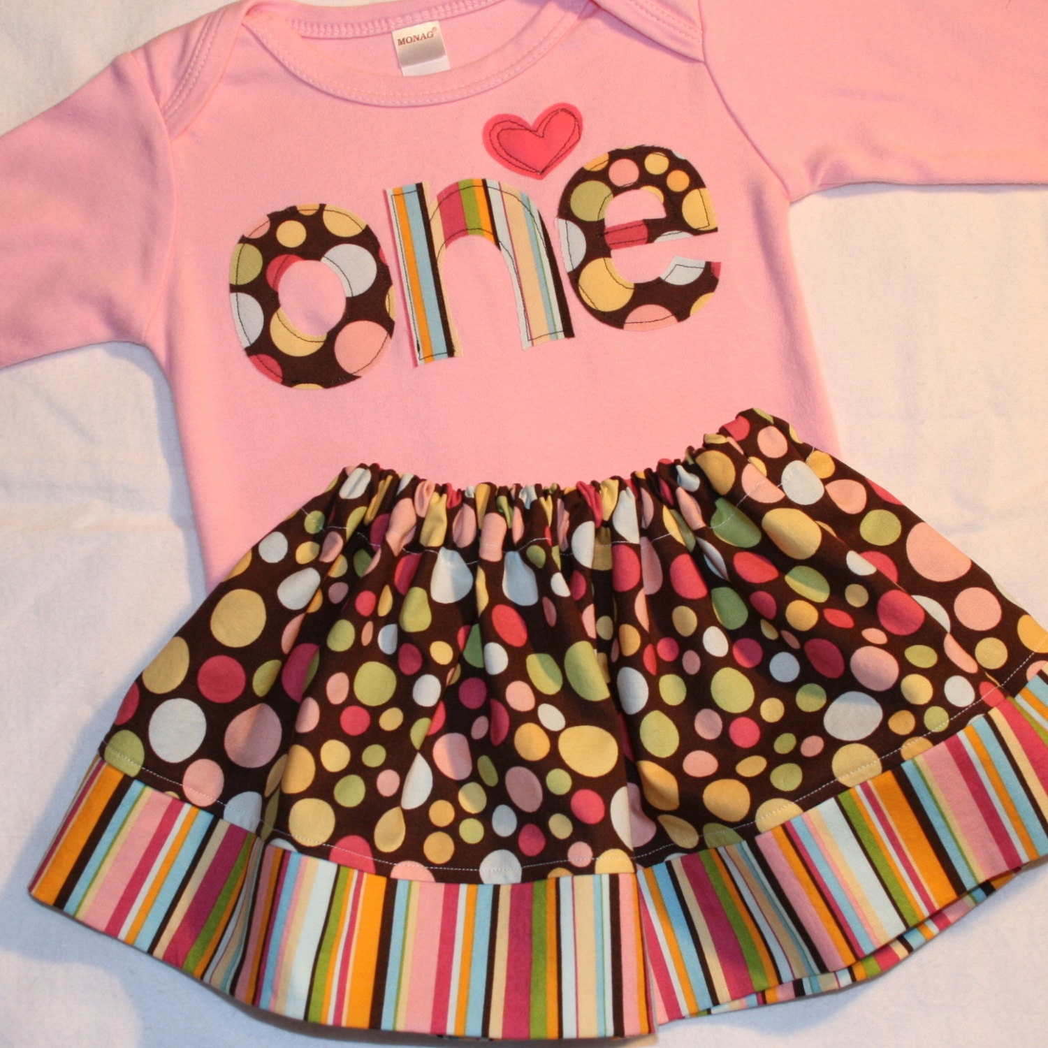 Girls First Birthday Pink and Brown Polkadot Set - 12-18 month ONE birthday long sleeved shirt and matching skirt - ThePolkaDotTotSpot