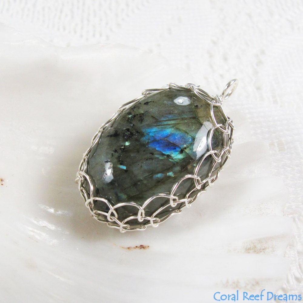 Netted Labradorite Pendant - Wire Wrapped Oval Blue Flash Labradorite Cabochon, Sterling Silver, OOAK, Chain Optional (P0043)