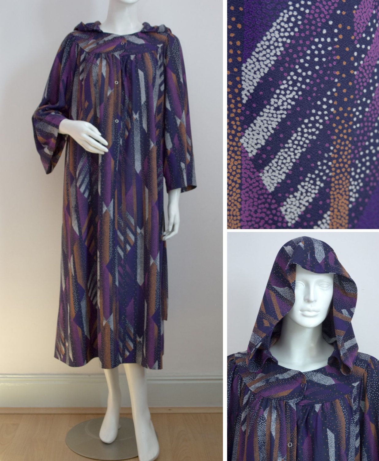 Vintage 70s Lounge Dress Purple Abstract Print Hooded Dressing Gown Lounge Wear Size Medium 1970s - catwalkcreative