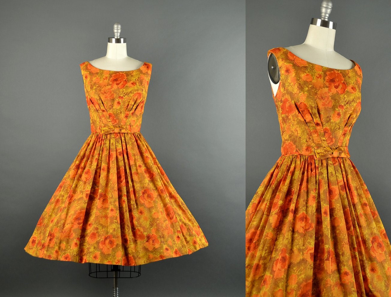 1950s autumn bloom dress / floral full skirt dress / 50s dress / cotton dress