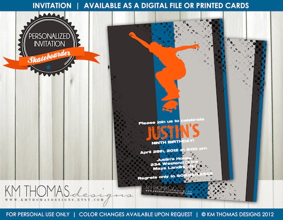 SKATEBOARDER...Custom Printable Birthday Invitations...by KM Thomas Designs Item 133 Il_570xn