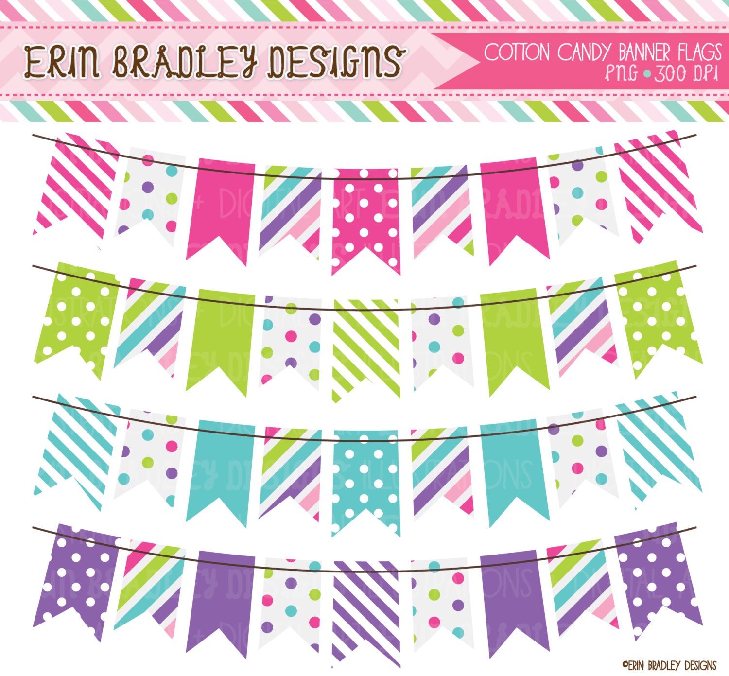Cotton Candy Colorful Bunting Banner Flag Clipart Clip Art Set Personal & Commercial Use Il_570xn