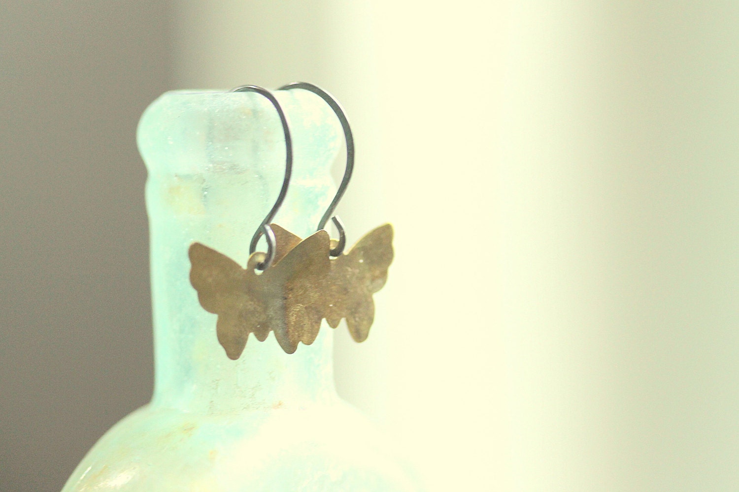 Small Butterfly Brass Sterling Silver Earrings - "Tiny Wing" - NighBluey