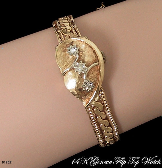 Vintage 14k Solid Gold Flip Top Bracelet Watch By Antiquingonline 