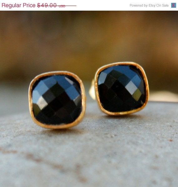 SALE Gold Black Onyx Stud Earrings - Square Studs - Minimalist, Neutral, Black and Gold - OhKuol