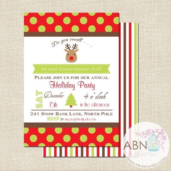 Christmas Party Invitation - Rudolf The Red Nose Reindeer - PRINTABLE - By A Blissful Nest Il_570xn