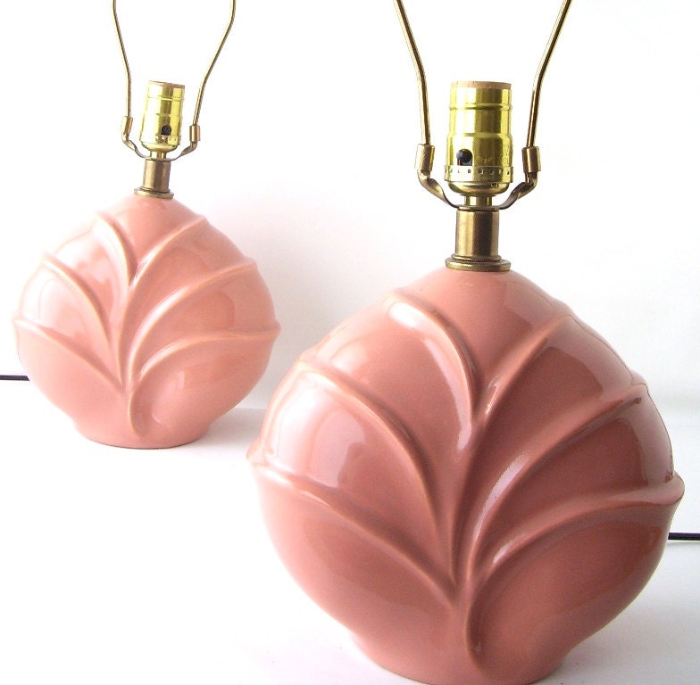 vintage retro table lamps pair peach blush pink smalll light lighting decorative home decor modern 80s pottery leaf leaves neutral harps set - RecycleBuyVintage