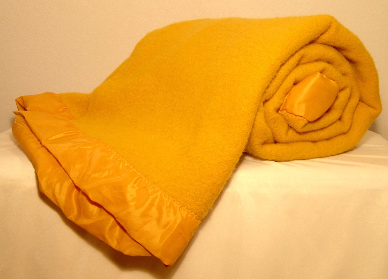 Vintage gold yellow wool blanket satin trim 64 x by ForeverSexy