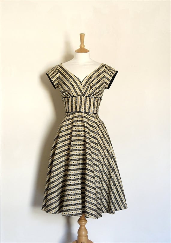 Black and Mustard Yellow Striped Sweetheart Tea Dress with Cap Sleeves- Made to Measure - FREE SHIPPING