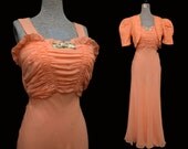 Vintage 30s Dress Peach Chiffon Ruched Top Matching Satin Embroidered Jacket Huge Puff Sleeves - VintageDevotion