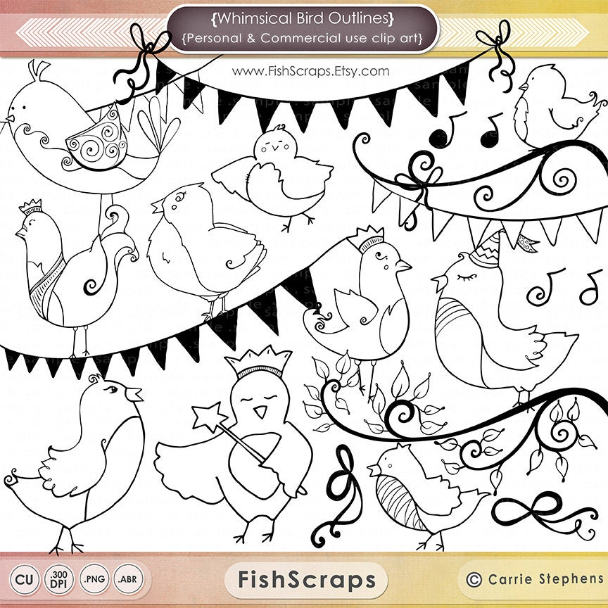 Whimsical Bird Doodles - Outlines - Bird Digital Stamps - PNG Clip Art & Photoshop Brushes - Hand Drawn Banners - Embroidery Il_570xn