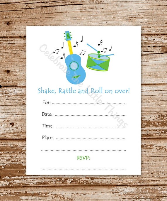 Printable / Music Time Invitation / Fill-in the Blank / You're Invited / Birthday / Drum, Guitar / Blue (Instant Download) Il_570xn