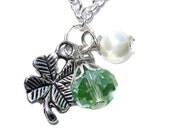 Four Leaf Clover Charm with Green Rondelle and Freshwater Pearl Necklace - CloudNineDesignz