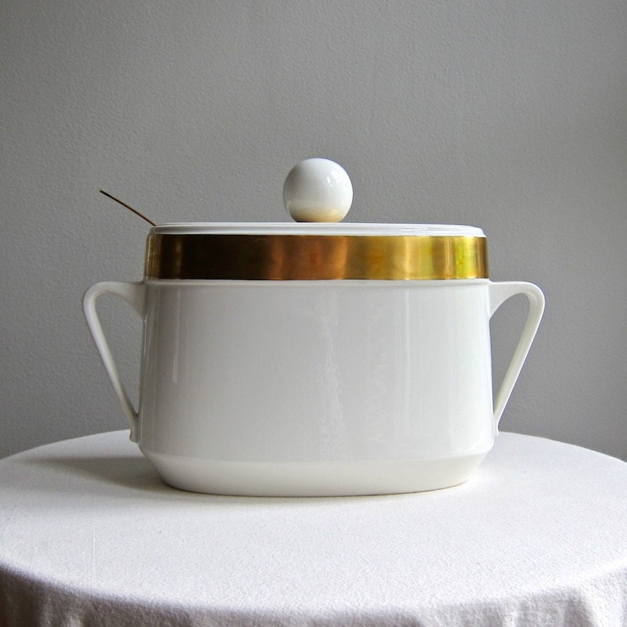 Ernest Sohn Covered Soup Tureen Serving Dish - White Ceramic with Gold Band Entertaining