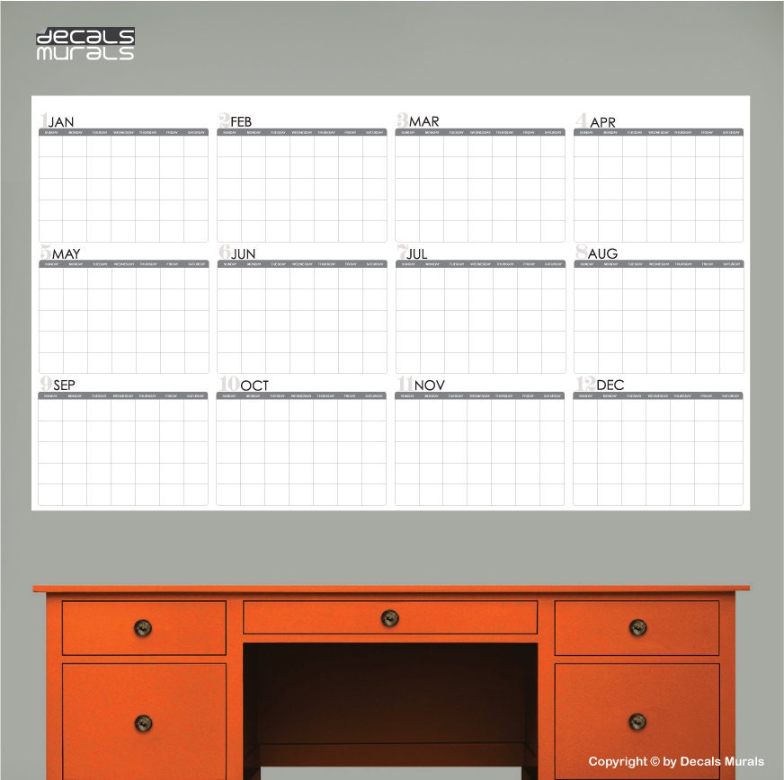 Dry Erase Wall Decal YEARLY BLANK CALENDAR Office By Decalsmurals