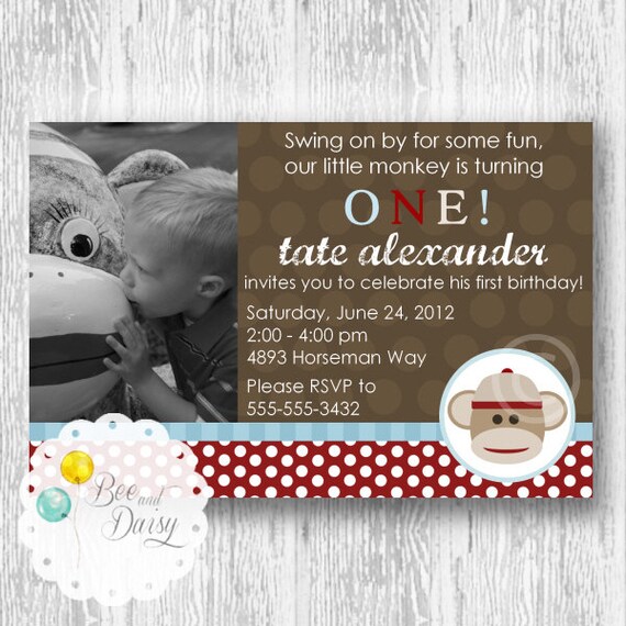 Sock Monkey Invitation for Birthday Party or Baby Shower - Boys Vintage DIY Printable Invite by BeeAndDaisy Il_570xn
