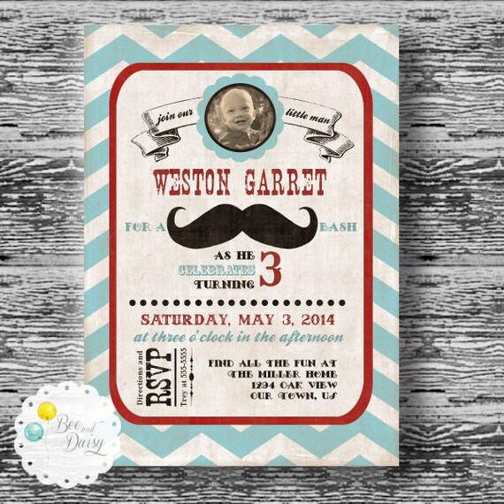 Mustache Invitation for Boys Birthday Party or Baby Shower - DIY Vintage Mustache Bash Printable Invite by BeeAndDaisy Il_570xn