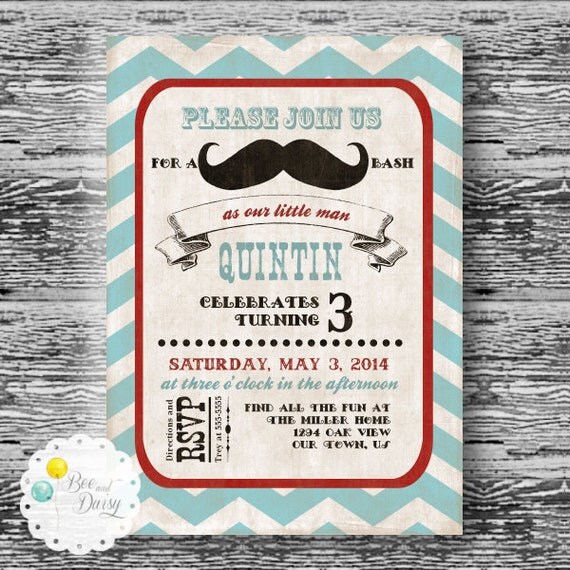 Vintage Mustache Invitation for Birthday Party or Baby Shower - Boys DIY LIttle Man Bash Printable Invite by BeeAndDaisy Il_570xn