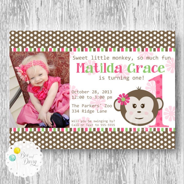 Pink Mod Monkey Printable Photo Invite for Birthday Party or Baby Shower DIY Invitation by BeeAndDaisy Il_570xn