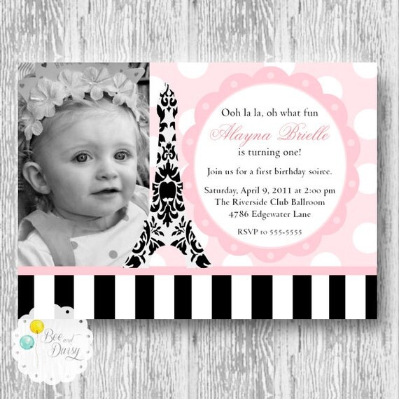 Paris Invitation for Birthday Party or Baby Shower - Girls Damask Eiffel Tower Parisian DIY Printable Photo Invite by BeeAndDaisy Il_570xn