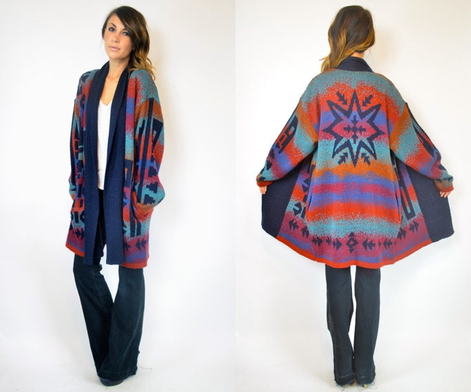 SOUTHWESTERN knitted ARROWHEAD geometric ombre CARDIGAN duster sweater, extra small-large