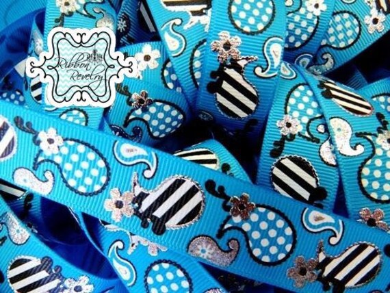 Turquoise Paisley with silver foil 7/8" grosgrain ribbon Il_570xn