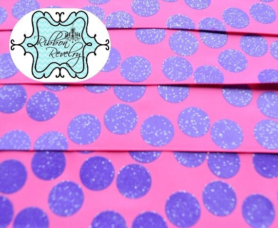 Glitter purple sparkly silly dots printed on pink 1 1/2" grosgrain ribbon- Gorgeous in person Il_570xn