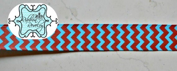 Red & turquoise chevron striped 7/8" grosgrain ribbon Suess inspired Il_570xn
