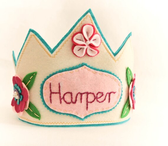 Custom Flower Felt Crown - Fairy Princess Photo Prop, Ivory, Pink, Turquoise Il_570xn