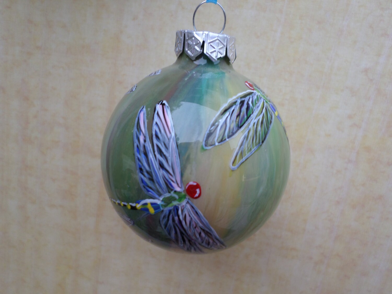 hand painted glass ornament with dragonflies by hand painted glass ornament with dragonflies by