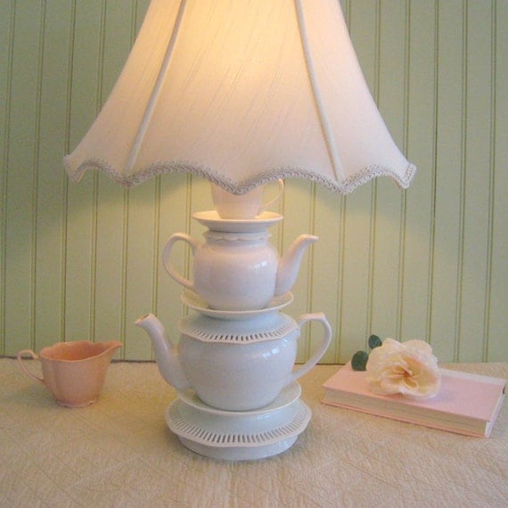 White Teapot Lamp Stacked Teapots Tea Cup and by ThistleandJug