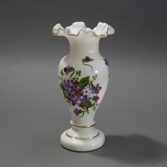 Items similar to Vintage Hand Painted Milk Glass Vase Ruffled Opening