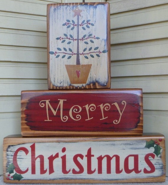 Merry Christmas Tree Block Stackers Shelf Sitters by CarolAnnsTole