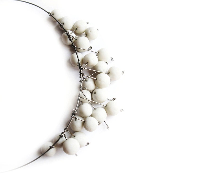 White porcelain bead necklace with stainless steel modern bridal or wedding jewelry Kluka - ProjektMosko