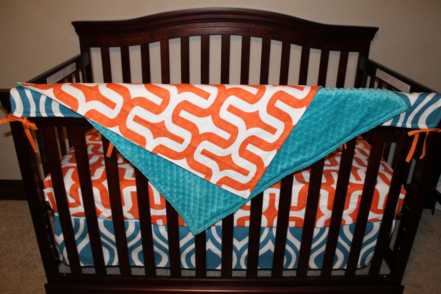 Orange Embrace and Teal Teardrop Crib Bedding by DesignsbyChristyS