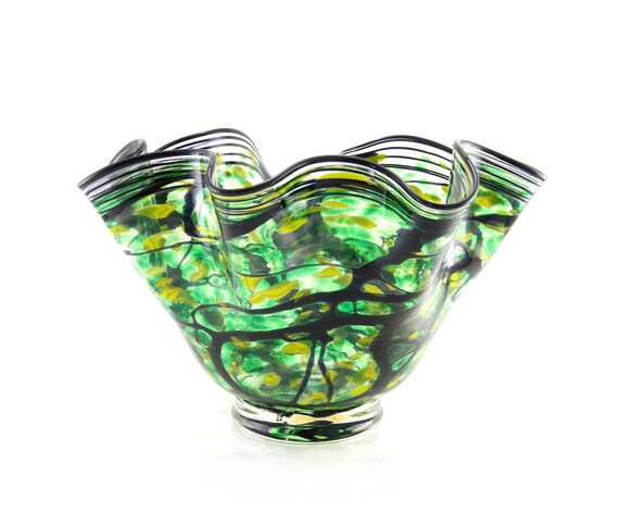 LARGE Hand Blown Glass Bowl Freeform Fluted by ParadiseArtGlass
