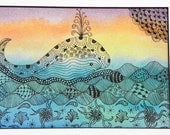WHIMSICAL WHALE DRAWING Original Zentangle Inspired Art, Matted to, Soft Pastels and Ink Wall Art - MyHumbleJumble