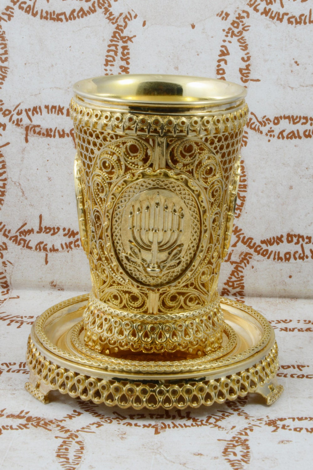 Unique handmade 24 karat gold plated Kiddush cup with tray for Shabbat