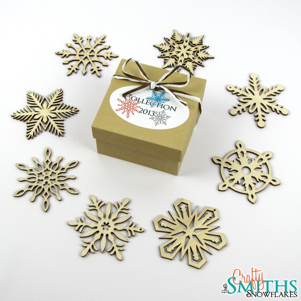 2013 Collection - Wooden Laser-Cut Holiday Snowflake Ornaments - 3 Inch Diameter - Set of 8 in Kraft Paper or Glossy White Gift Box