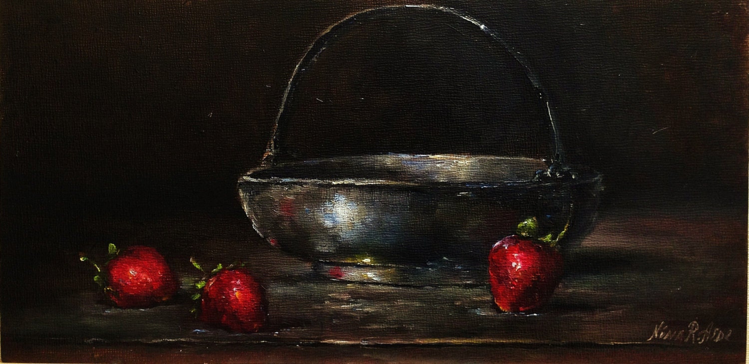 Original Oil Painting Silver Vase and Strawberries by Nina R.Aide 6x12 Fine Art. See Pictures - RomaGalleries