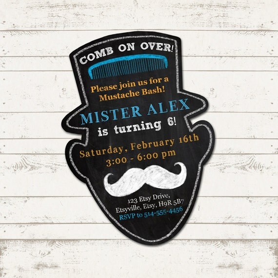 Mustache Bash Birthday Invitation - Comb on Over - Vintage Inspired - Blackboard Silhouette, Lil Mister - Custom, Digital, Printable Il_570xn