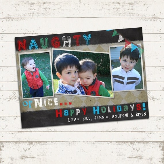 Custom Photo Christmas Card - 5x7 printable download - Christmas, Naughty, Nice, 3 photo card, holiday, chalkboard, vintage inspired Il_570xn
