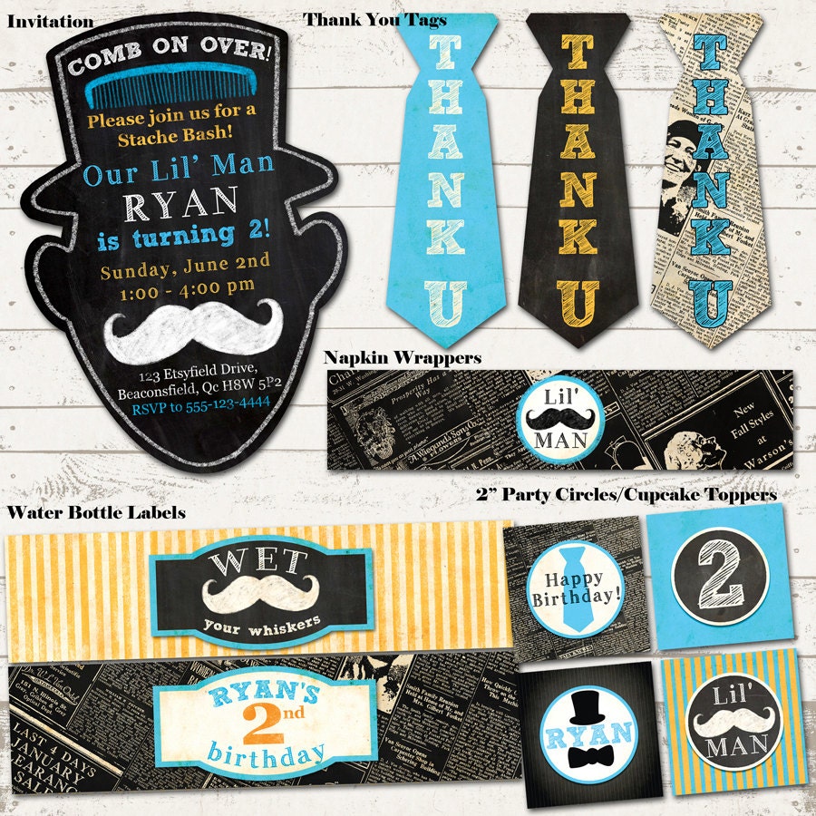 Mustache Bash Birthday Party Pack - Vintage Inspired - Blackboard, Newsprint - Custom, Printable - Chalkboard, Mustache - PREMIUM PACK Il_570xn